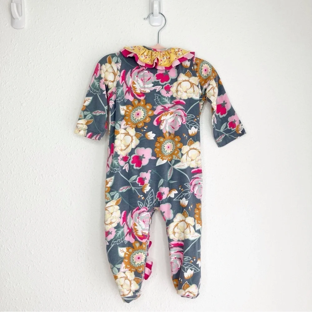 Mustard Pie ruffled footie sleeper gray w/ pink and yellow flower print 6 months